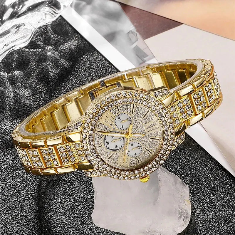Women's Luxury Gold Quartz Watch, Jewelry Set, Ring, Necklace, Earrings, Rhinestones, Casual Fashion