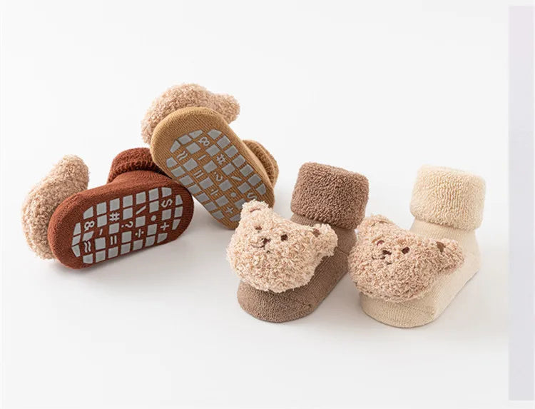 Chaussettes coordonnantes en coton doux pour bébé, chaussettes épaisses pour enfants, nouveau-né, tout-petit, mignon, ours de dessin animé, solide, garçons, filles, hiver, nouveau