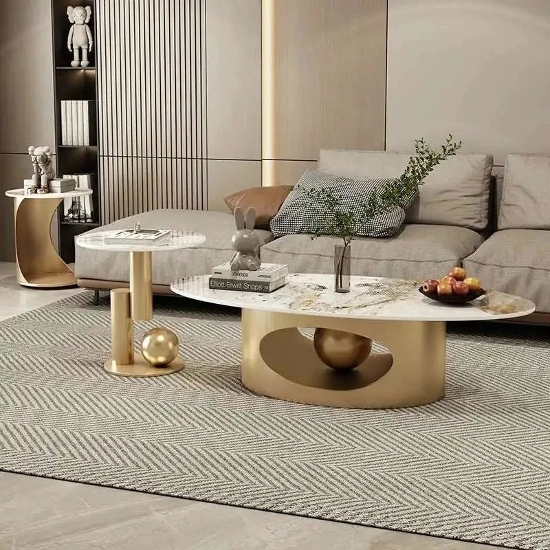Tables basses modernes effet marbre — pieds métal blanc, table d'appoint ovale, nordique, salon, meubles