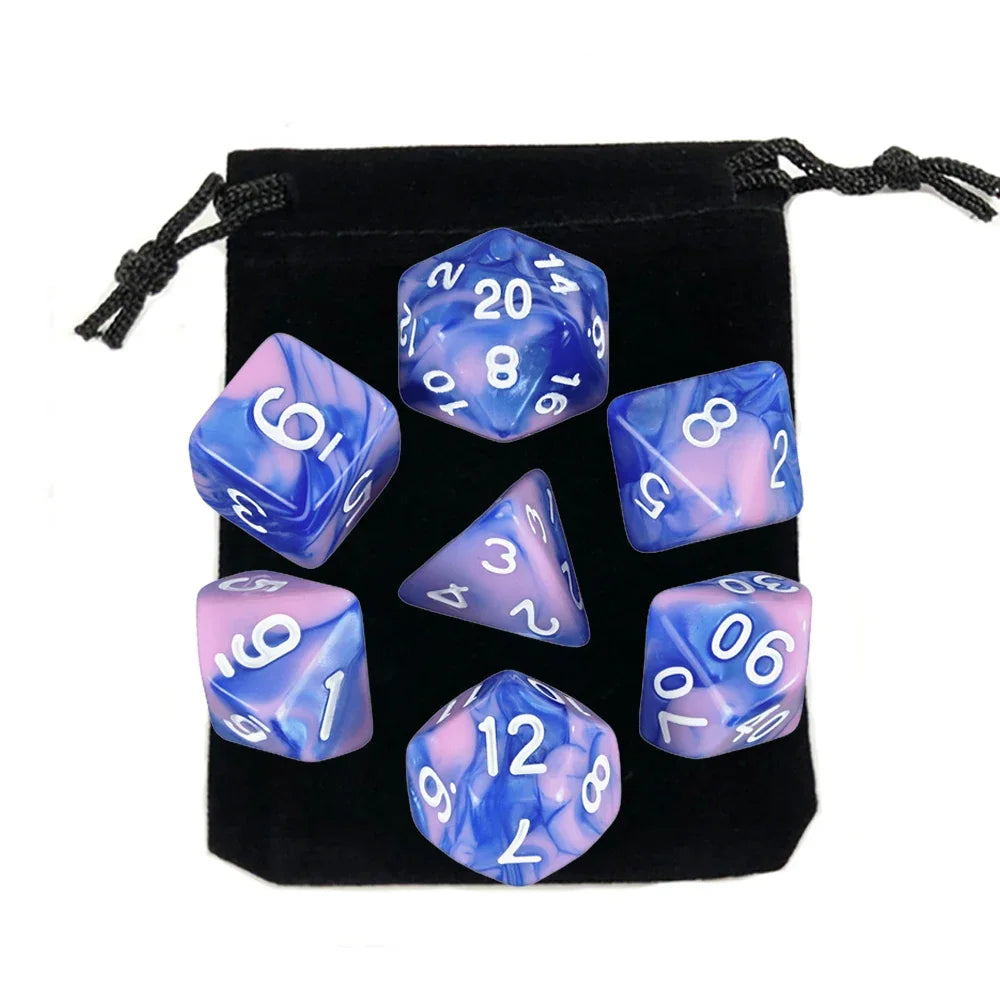 Dés polyédriques avec sac — jeu de société, jeu de rôle, d4, d6, d8, d10, d12, d20, 7 pièces