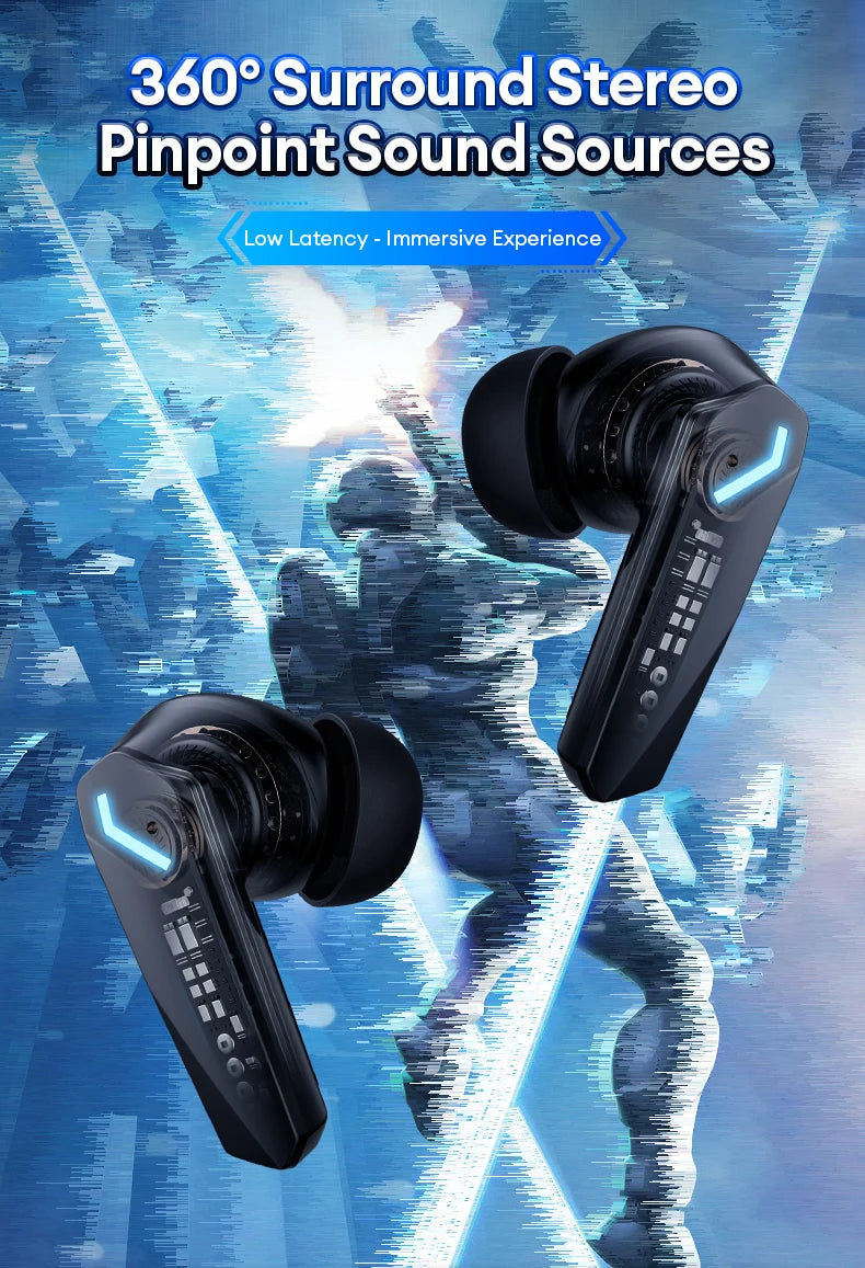 Écouteurs Bluetooth 5.3 sans fil — faible latence, double mode musique/jeu, sport, micro intégré