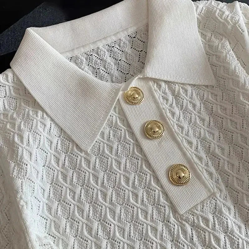 Polo en soie glacée tricoté à manches courtes, T-shirt d'été chic et fin, hauts jacquard uniques pour femmes, style coréen 2026, vêtements pour femmes