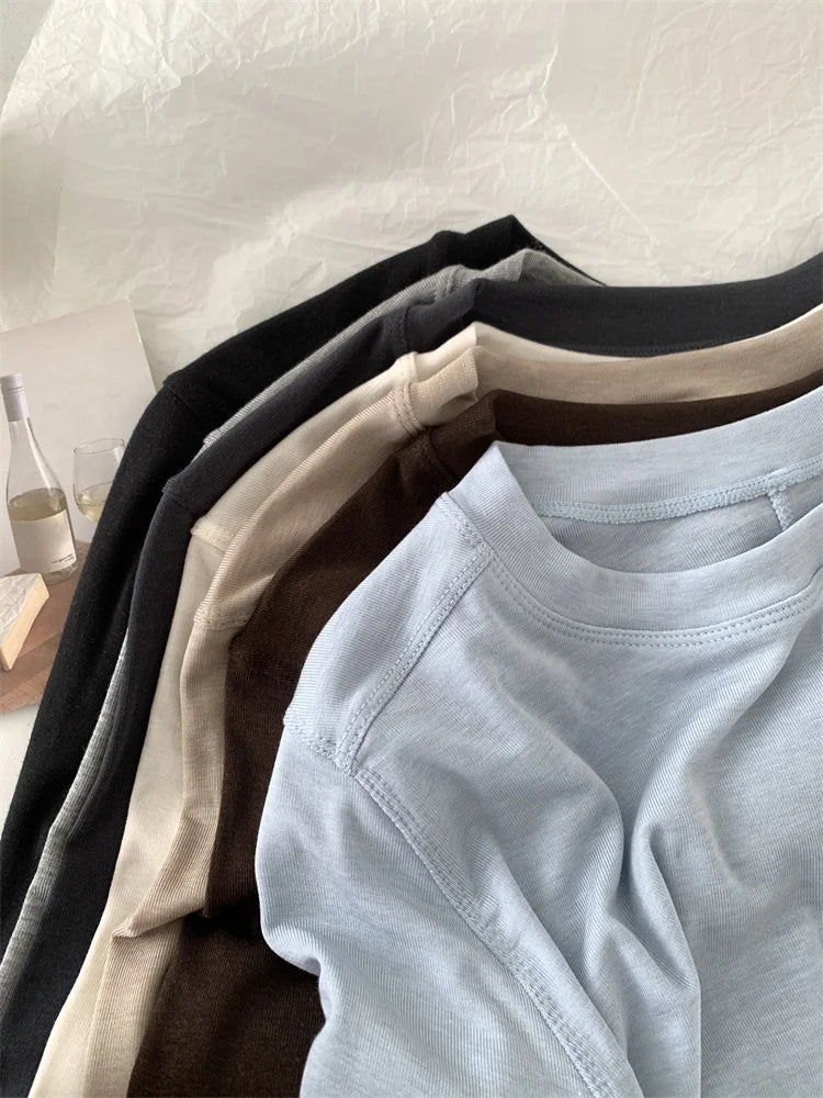 Women's long-sleeved T-shirt, silk wool splice, thin top, soft, waxy, solid color, spring summer