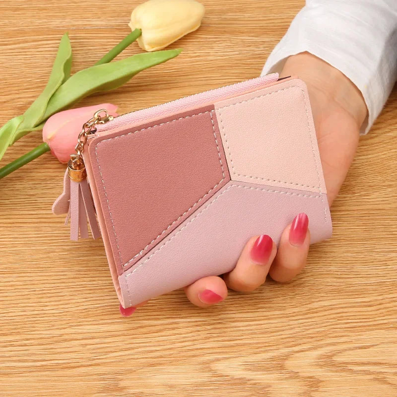 Monedero de mujer, cartera con cremallera, monedero corto para mujer, bolso de mano, cartera de cuero patchwork para mujer, tarjetero, cartera para teléfono
