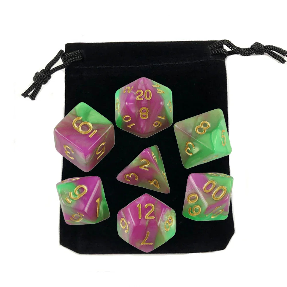 Dés polyédriques avec sac — jeu de société, jeu de rôle, d4, d6, d8, d10, d12, d20, 7 pièces