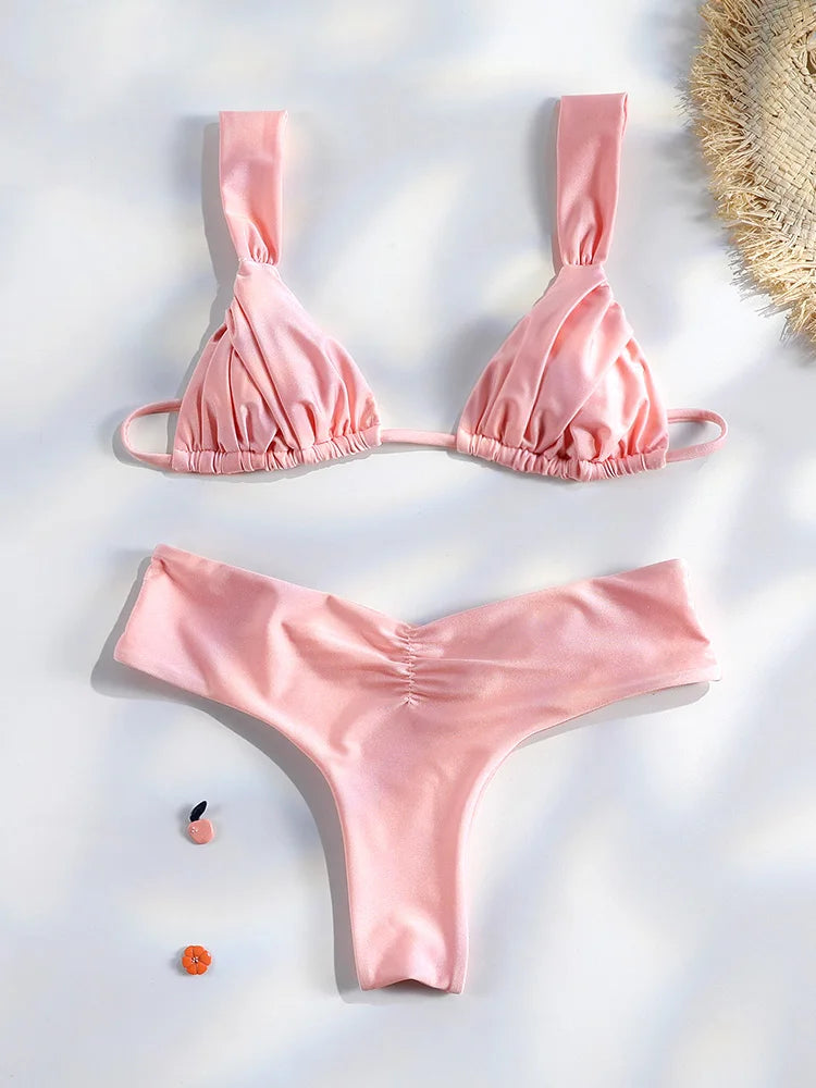Sexy plis Bikini ensemble solide Micro Bikinis femmes maillot de bain femme Triangle maillots de bain vêtements de plage maillot de bain