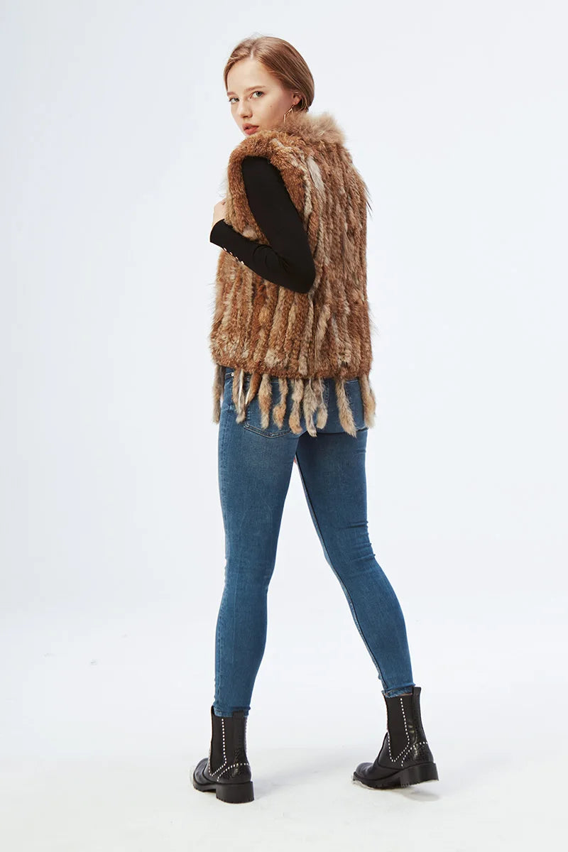 Gilet à glands en véritable fourrure de lapin tricoté — vintage, garniture fourrure raton laveur