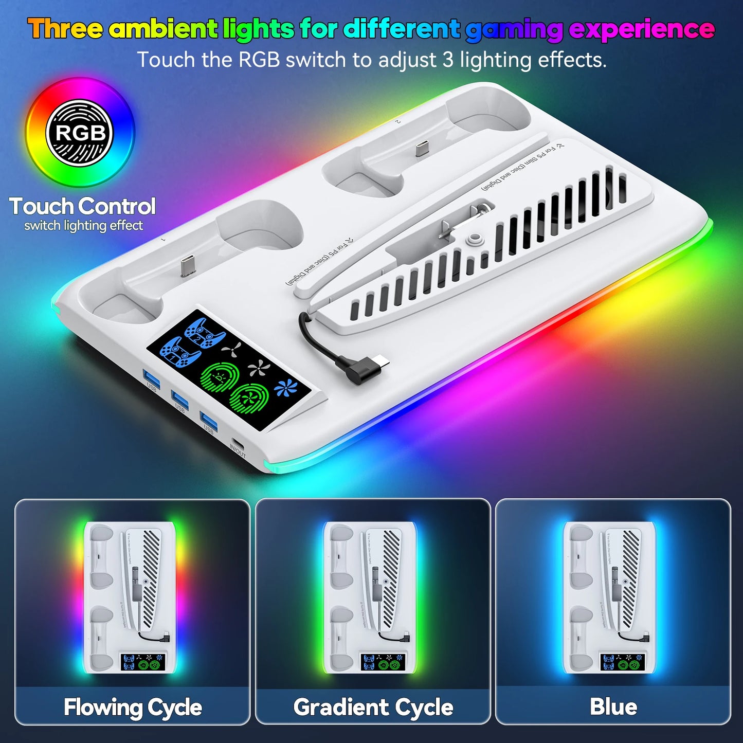 Stand for PS5/PS5 Slim/PS5 Pro, with Headset Hook, Cooling Stand and Controller Charging Station, with 3-Level Cooling Fan