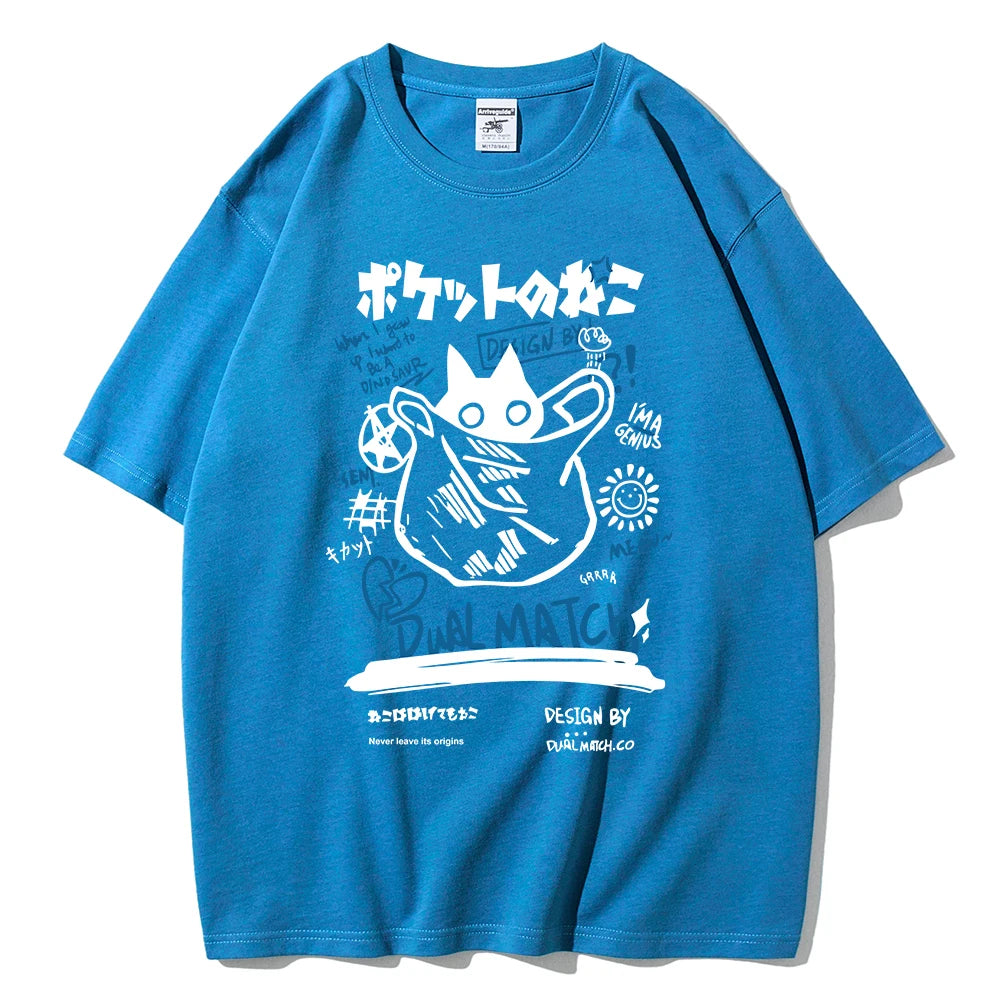Hombres Mujeres Camisetas de Dibujos Animados 2024 Verano Harajuku Kawaii Gato Impreso Manga Corta Camisetas Pareja Streetwear Ropa Suelta Tops Y2K