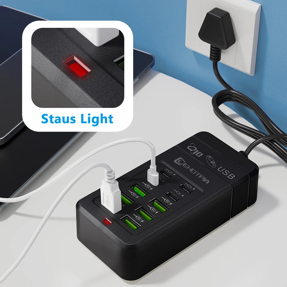 Chargeur USB rapide Multiple, prise ue UK US, adaptateur d'alimentation, rallonge de 1.2m, 6 USB-A 4 USB-C, Portable pour téléphone Portable