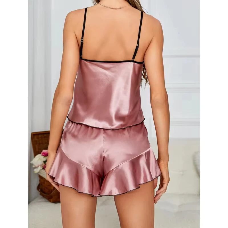 Pijama de satén liso para mujer, camiseta con cuello en V, bordes con volantes y shorts con lazo, conjunto de pijama simple y transpirable, ropa de casa con tirantes