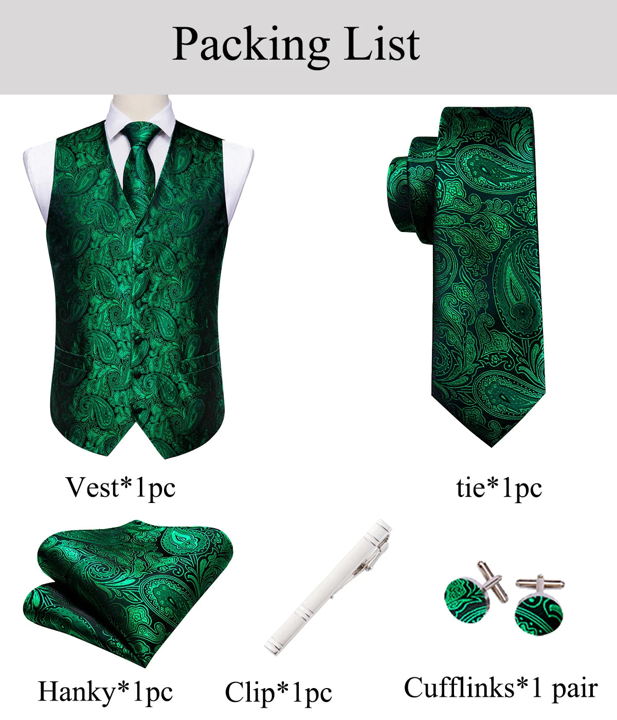 Gilet pour homme vert Paisley Floral slim — sans manches, formel, cravate, pochette assortie