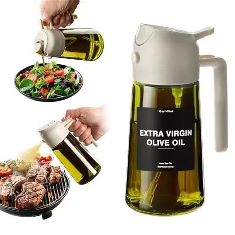 Pulvérisateur d'huile pour la cuisine de 470 ml, distributeur d'huile d'olive 2 en 1 et flacon pulvérisateur d'huile, vaporisateur d'huile avec autocollants, flacon pulvérisateur en verre épais