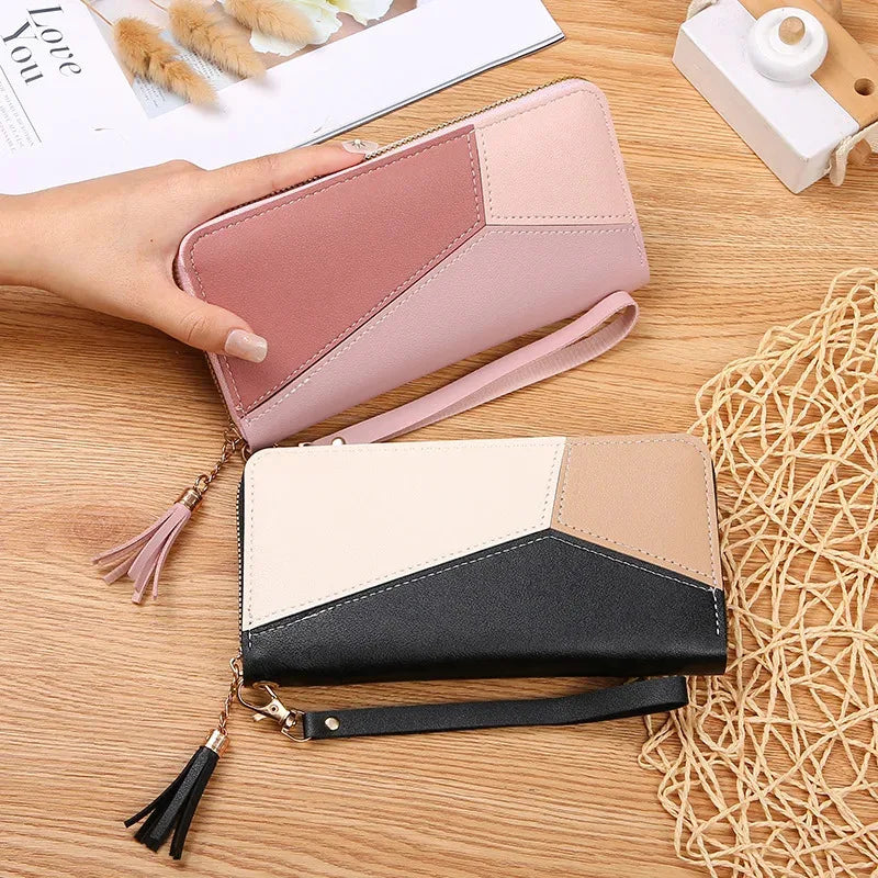 Monedero de mujer, cartera con cremallera, monedero corto para mujer, bolso de mano, cartera de cuero patchwork para mujer, tarjetero, cartera para teléfono