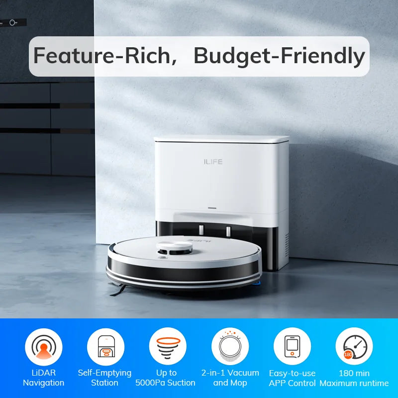 ILIFE-Robot aspirador A30 PRO, succión de 5000Pa, autovaciado, capacidad de 60 días, aplicación, control remoto, tiempo de funcionamiento de 180 minutos
