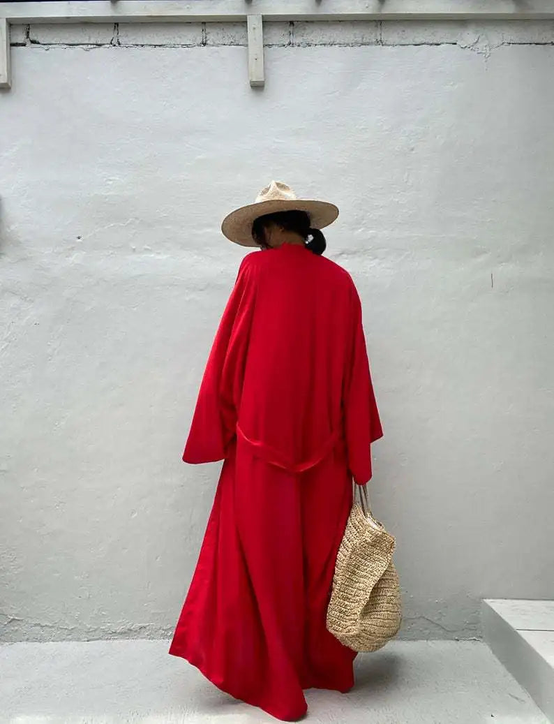 Robe de Plage Longue avec Ceinture pour Femme, Kimono Sexy, Cardigan d'Été, 5 Couleurs Unies