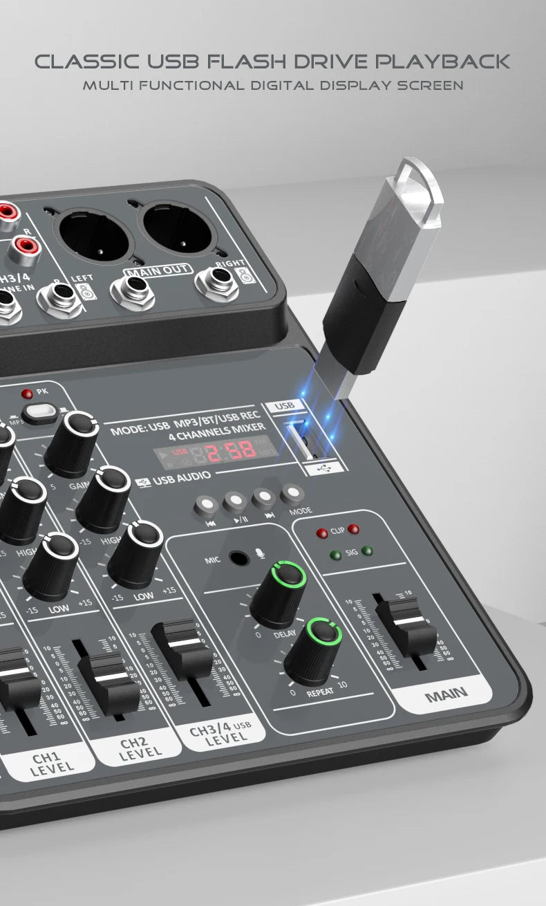 Mélangeur Audio DJ 4 Canaux USB Bluetooth — Console Mixage 48V Karaoké & Studio
