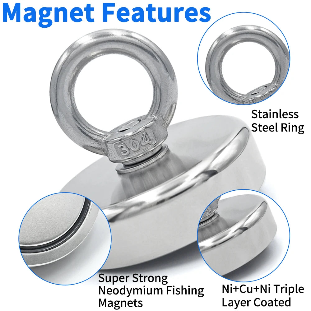 Crochet de pêche magnétique super puissant en néodyme N52 de 16 à 42 mm, avec trou fraisé et œillet, pour récupération magnétique de métaux lourds