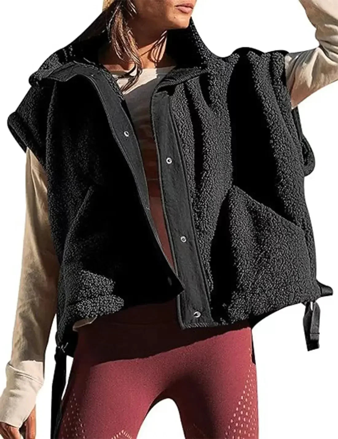 Gilet polaire pelucheux pour femme, surdimensionné, sans manches, Sherpa, chaud, boutonné, vêtements d'extérieur avec poches