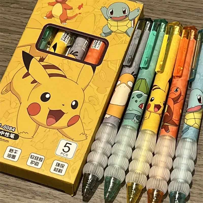 Stylos gel à pression dessin animé 5 pièces — papeterie scolaire et bureau, cadeau pour enfants