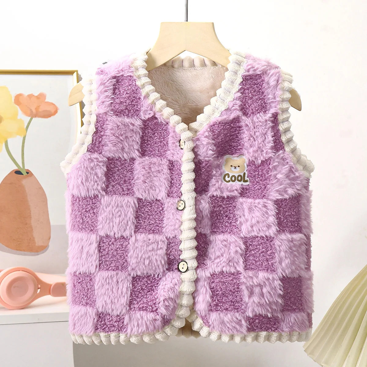 Manteau polaire pour enfants, Gilet chaud Double épaisseur, motif à carreaux, pour garçons et filles, vêtements d'extérieur sans manches, automne et hiver