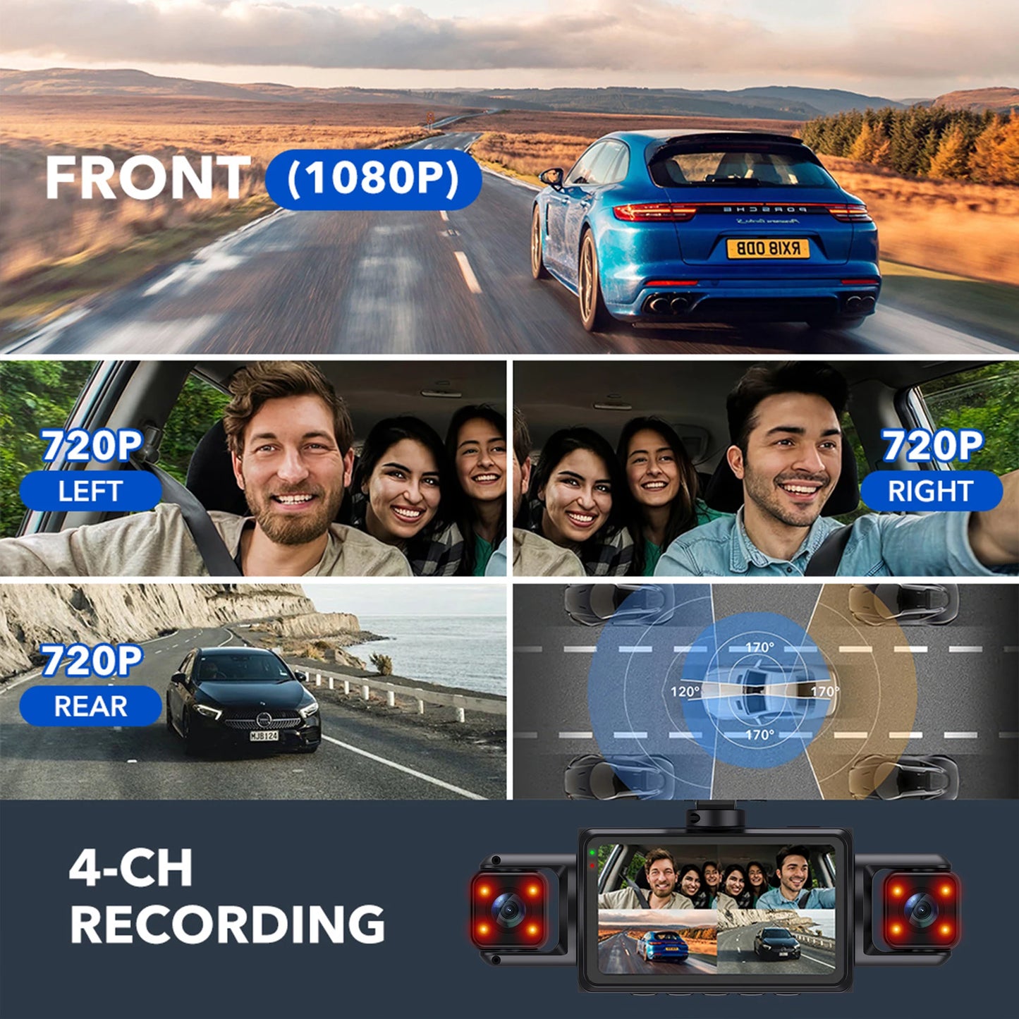 Dashcam WiFi 4 Canaux 1080P Boîte Noire — Avant Gauche Droite Arrière Vision Nocturne