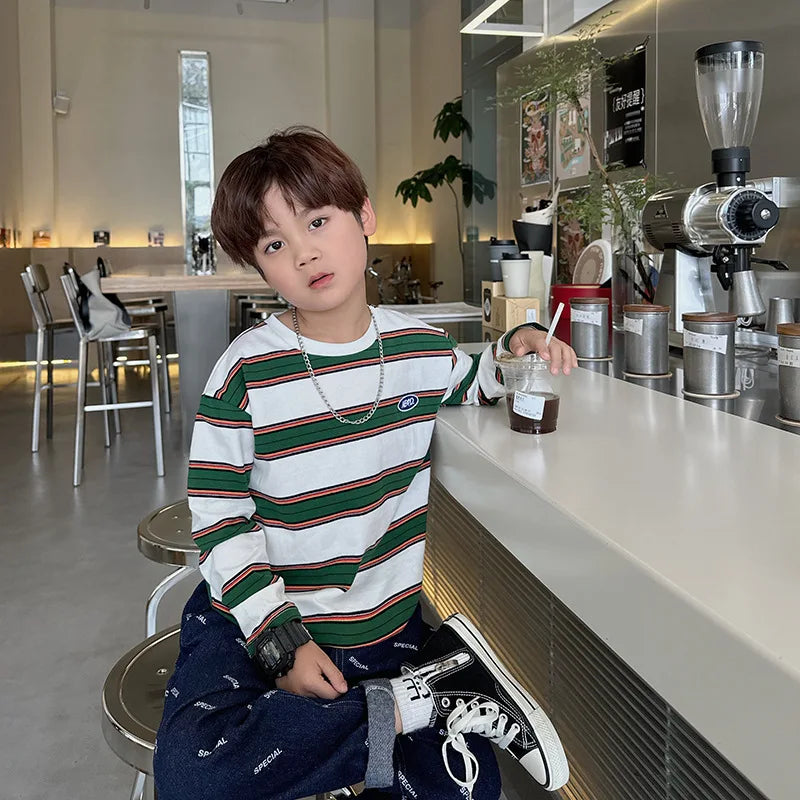 2025 automne enfants vêtements filles manches longues chemises à bascule Cool garçons rayure coton T-shirt adolescent ample décontracté 2-7y enfants haut