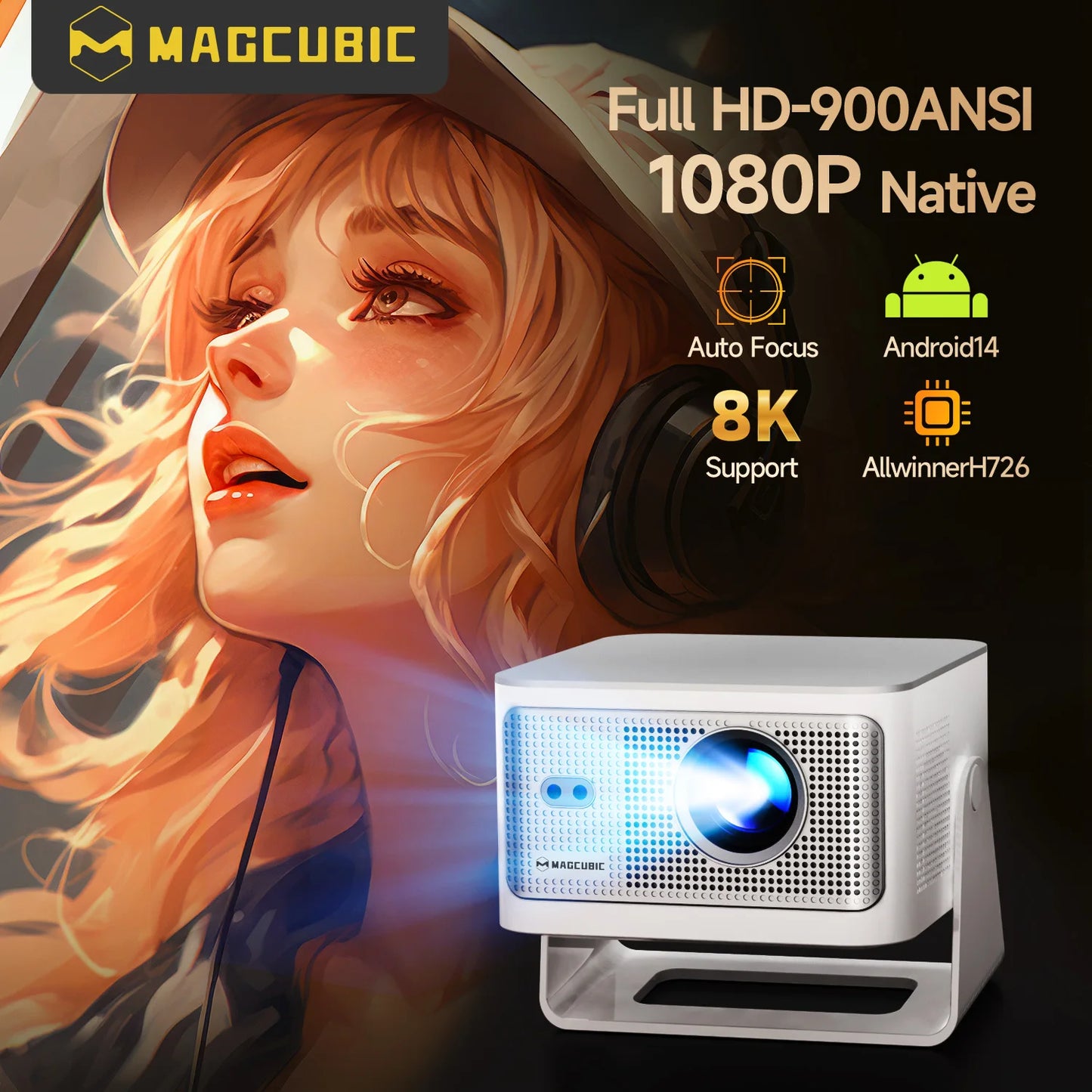 Magcubic - Android14 4K Auto Focus Projector, 900ANSI Native 8K 1080P HY350Max with Wifi6 BT5.4 16G Allwinner H726, Outdoor Portable