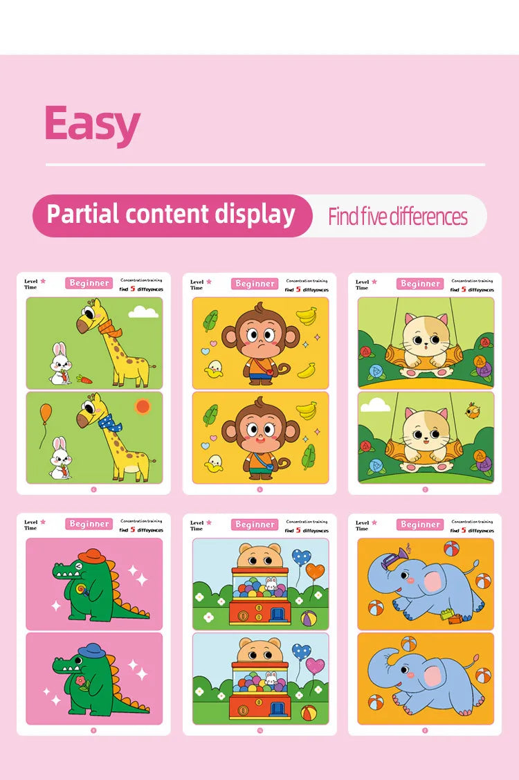 Trouver des différences Jeu de cartes Puzzle éducatif de dessin animé réutilisable pour enfants Trouvez des niveaux de difficulté pour la formation à l'attention de concentration