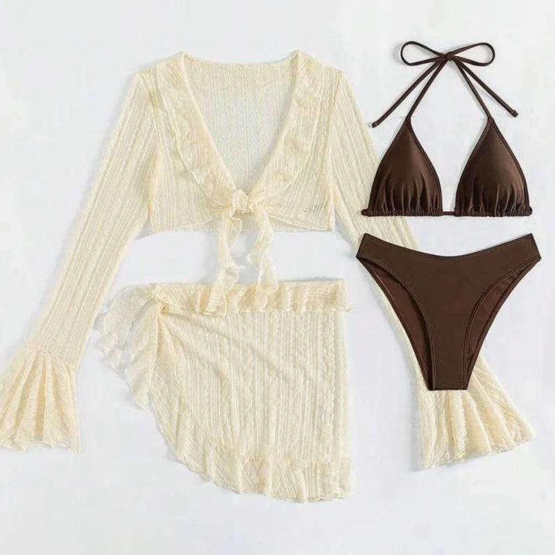 Maillot de bain sexy quatre pièces pour femme 2026, ensemble bikini uni à manches longues avec paréo, tenue de plage brésilienne pour l'été et les fêtes