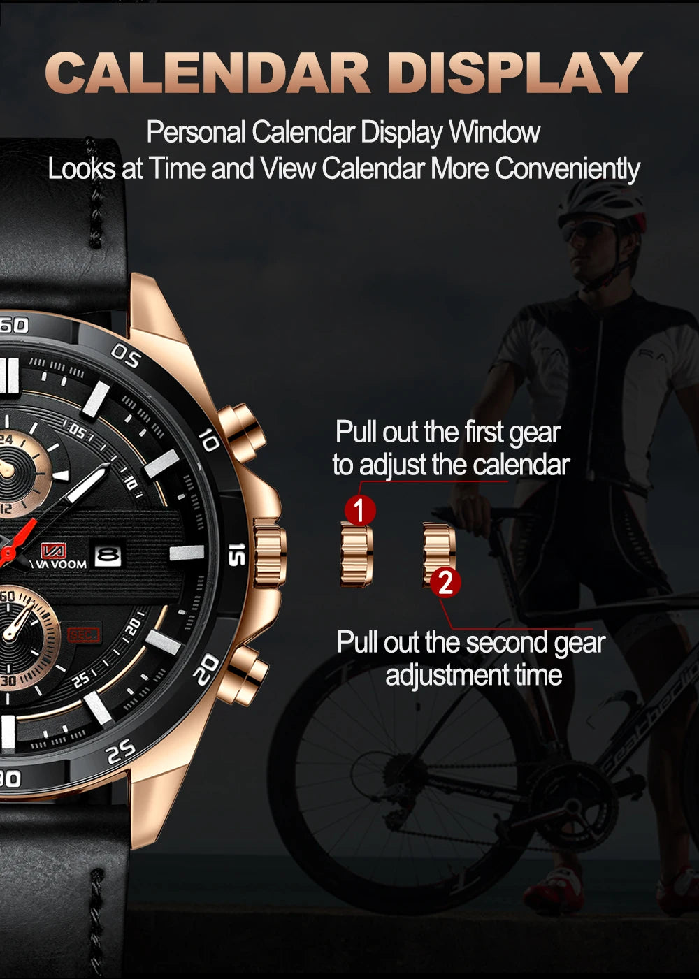 Montres de sport pour hommes, série de course de mode, 46mm, horloge en cuir noir VA VA VOOM, mouvement à Quartz 3Bar, montre-bracelet étanche pour hommes