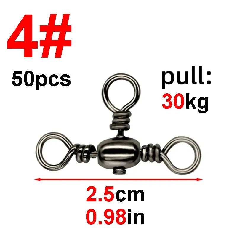Accesorios de pesca, niquelado negro, conector de tres puntas, separador giratorio de sublínea en T, anillo Bazi para pesca al aire libre, 50 piezas/bolsa