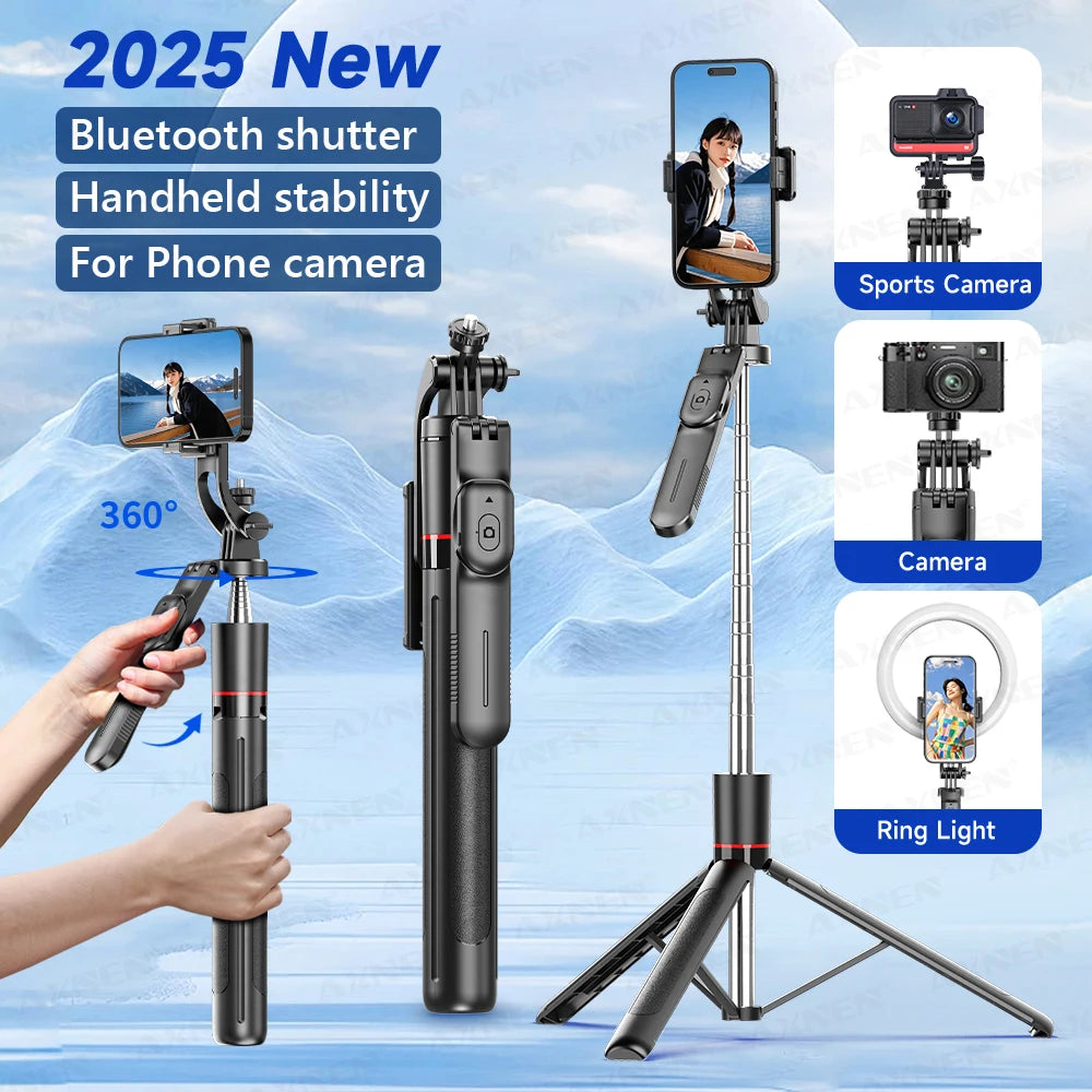 Perche à selfie trépied 1708mm avec télécommande Bluetooth — rotation 360°, interface 1/4", lumière optionnelle