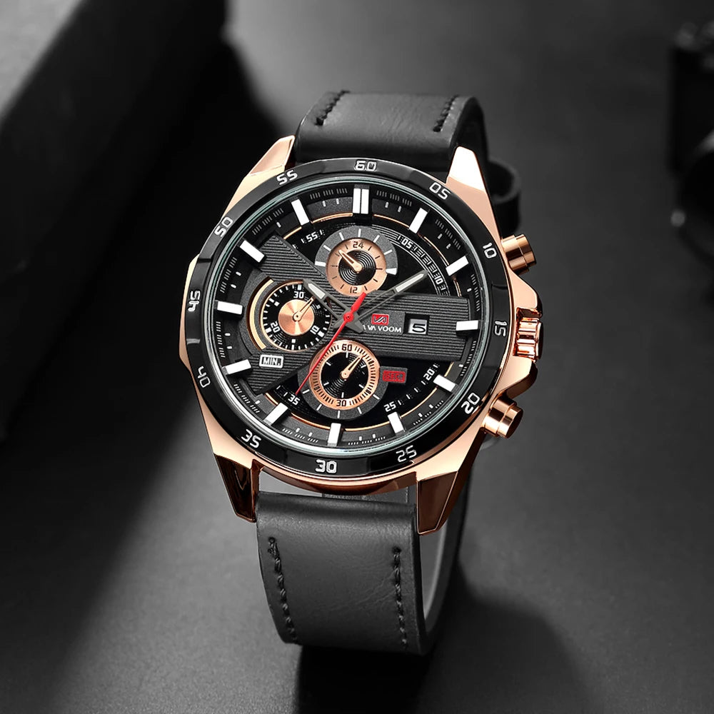 Montres de sport pour hommes, série de course de mode, 46mm, horloge en cuir noir VA VA VOOM, mouvement à Quartz 3Bar, montre-bracelet étanche pour hommes