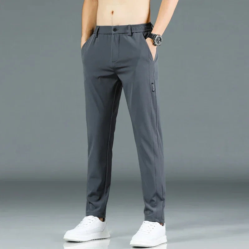 Pantalón fino de seda helada para hombre, elástico, informal, de cintura elástica, liso, ropa de marca, 5 colores, nueva colección de verano 2024