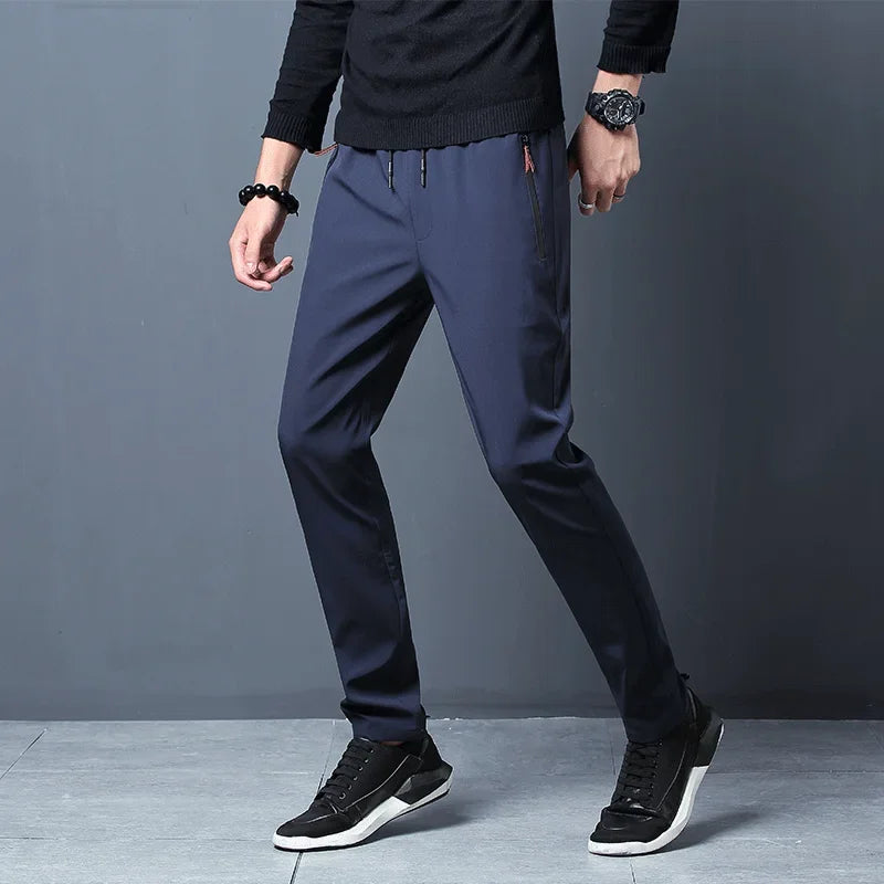 Pantalon décontracté homme stretch — coupe ajustée, taille élastique, style coréen, bleu, noir, gris, grande taille