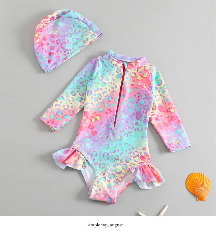 Maillot de bain une pièce avec chapeau de soleil pour petites filles de 1 à 2 3 4 5 6 ans, manches à volants léopard, fermeture éclair, vêtements de plage pour bébé