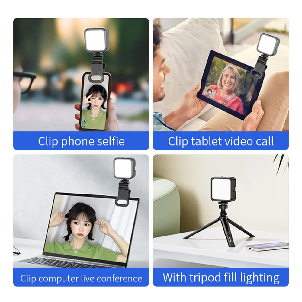 Lumière de remplissage portable avec pince, trépied et perche – Éclairage réglable pour selfie et vidéo