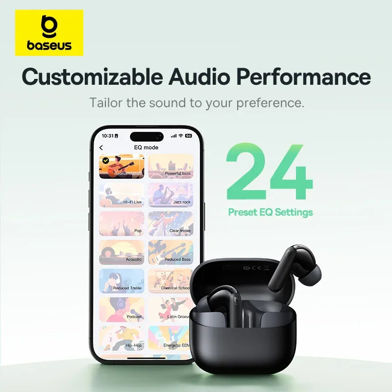 Baseus Bass EP10 NC -43dB Supresión de ruido ANC real Auriculares inalámbricos Bluetooth 6.0 Auriculares intrauditivos inalámbricos 4 micrófonos ENC Auriculares