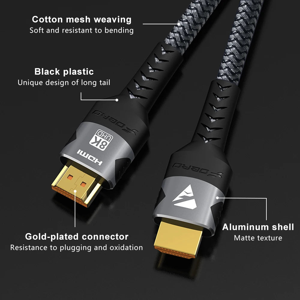 8K HDMI 2.1 Cable 48Gbps High-Speed Braided HDMI Cord - 4K@120Hz 8K@60Hz, DTS:X, HDCP 2.2 & 2.3, HDR 10 Compatible for Laptop/PS5