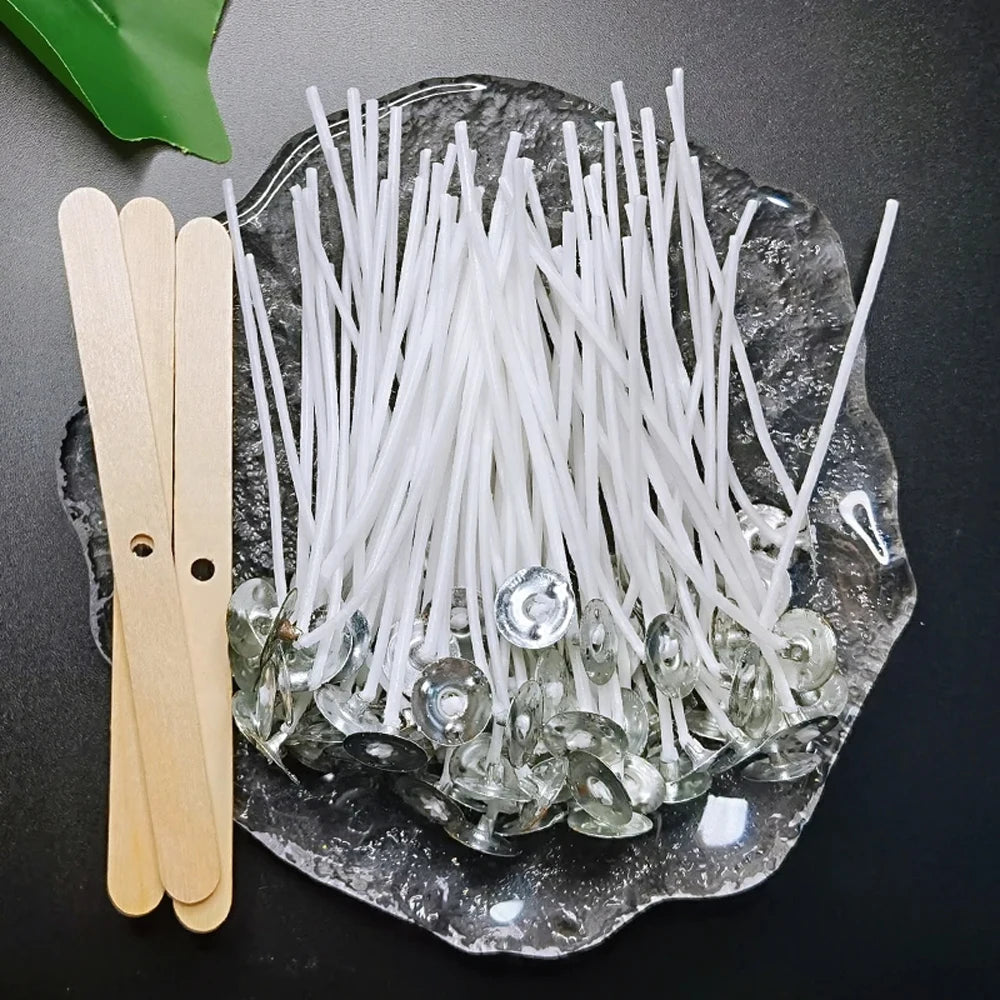 Juego de mechas de vela de algodón encerado con soporte, mechas de vela originales sin humo, núcleo de advertencia de aceite de soja, marco tejido, 53 piezas