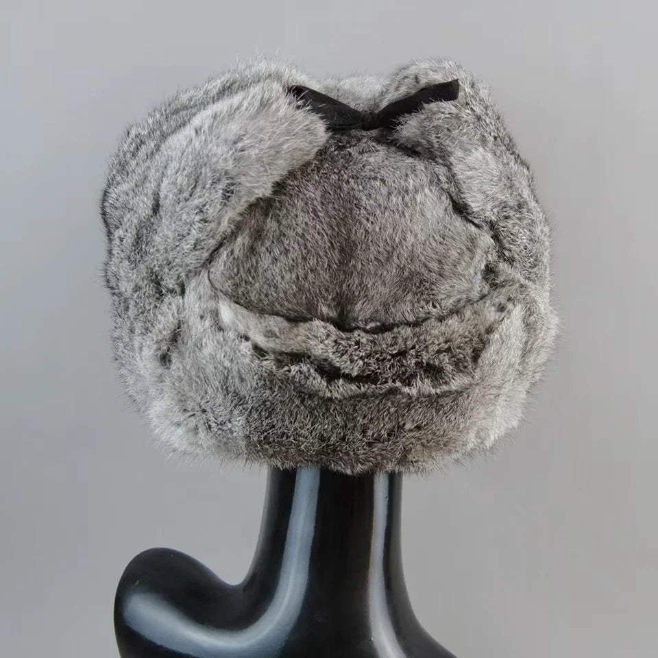 Men's Rabbit Fur Hat Winter Genuine 100% Fur Bomber Hat Warm Windproof Earmuffs Male Flat Grey/Black Russian Fitted Cap