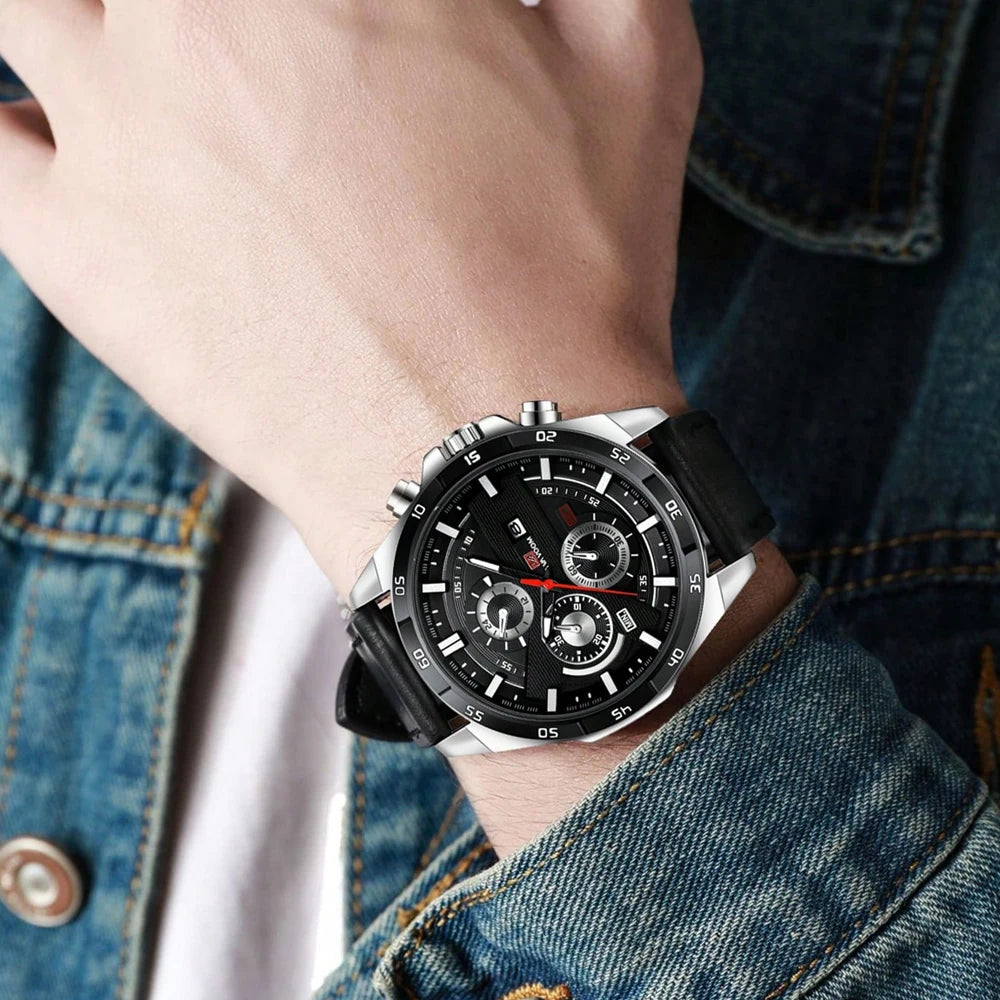 Montre à quartz en cuir pour homme, style sport, grand, décontracté, mode, original, noir, rose, or, calendrier, 46mm
