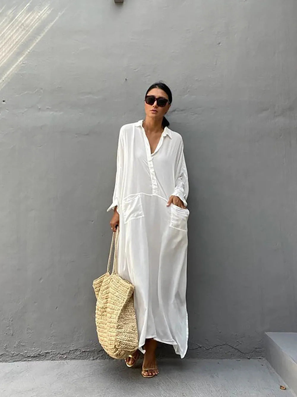 Túnica de playa tipo pareo para mujer 2026, de algodón blanco liso, cuello alto, conjunto de playa