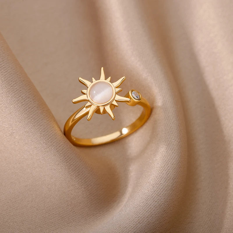 Women's Anti-Anxiety Ring, Stainless Steel, Sun Pendant, Spinner Fidget, Fashion Jewelry, Birthday Gift, Free Shipping