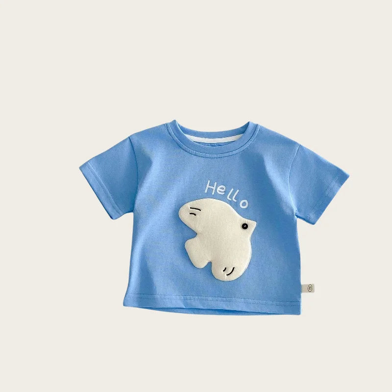 Nouvelle collection été 2026 : T-shirt décontracté à manches courtes pour enfants (0-5 ans) avec patchs de dessins animés mignons et imprimé lettres – Doux et confortable pour filles et garçons