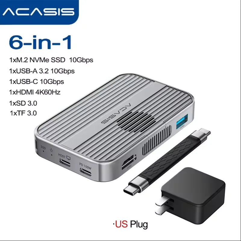 Boîtier SSD NVMe M.2 magnétique Acasis 10 Gbit/s et station d'accueil USB-C TF/SD 3.0 4K 60 Hz pour iPhone 17/17 Pro/iPhone 16/16 Pro
