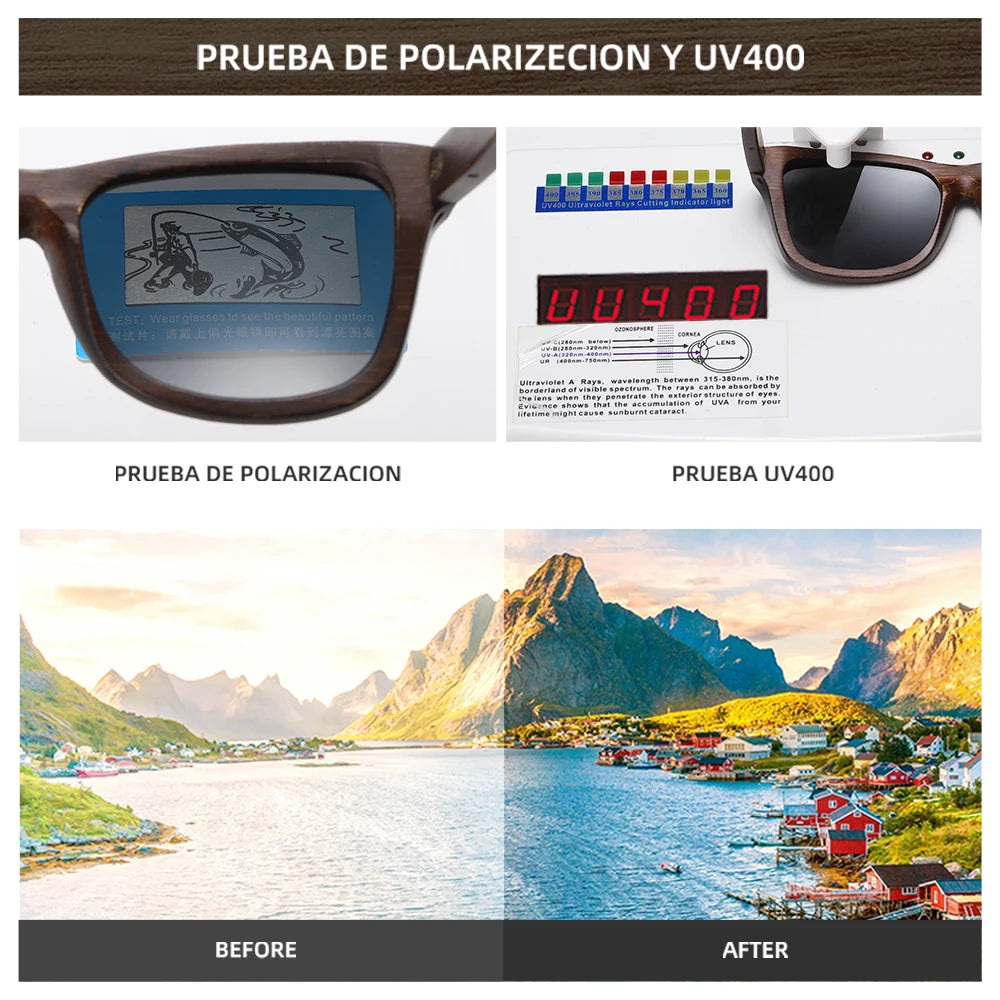 Lunettes de soleil en bois de bambou naturel polarisées faites à la main — miroir, boîte cadeau