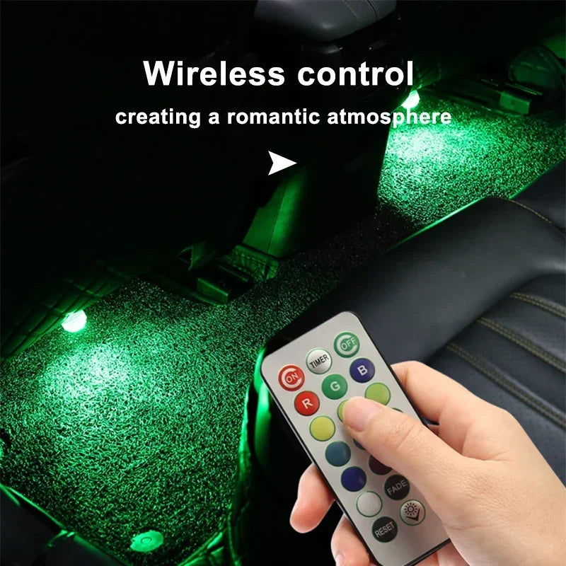 Lumière ambiante LED sans fil pour voiture — intérieur, toit, pied, atmosphère, télécommande, style diamant