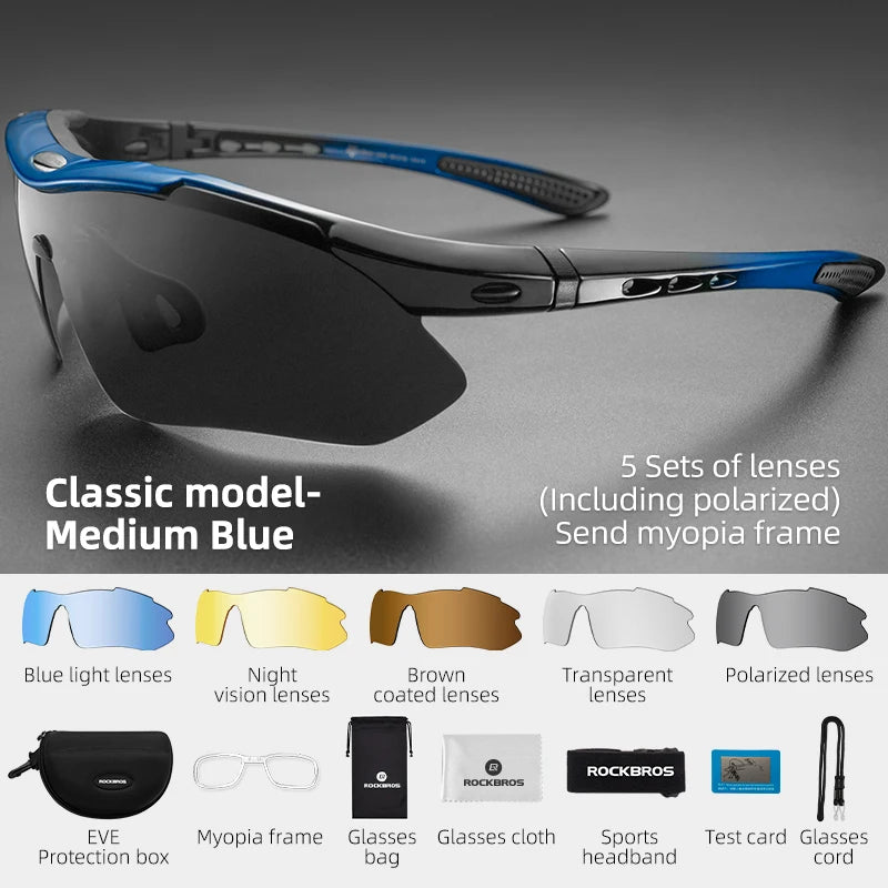 Lunettes de soleil sport cyclisme polarisées — route, VTT, équitation, protection, 5 lentilles